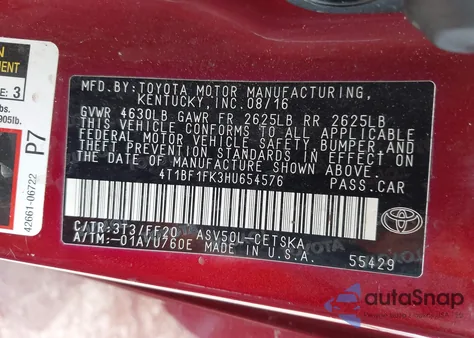 2017 Toyota Camry Se from USA, damaged, VIN 4T1BF1FK3HU654576